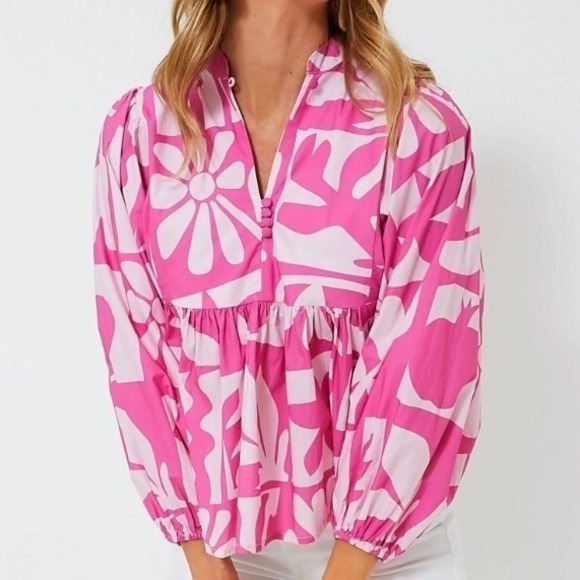 Oliphant Twiggy Mandarin Balloon Sleeve Blouse Size XS Pink Boho Resort Chic